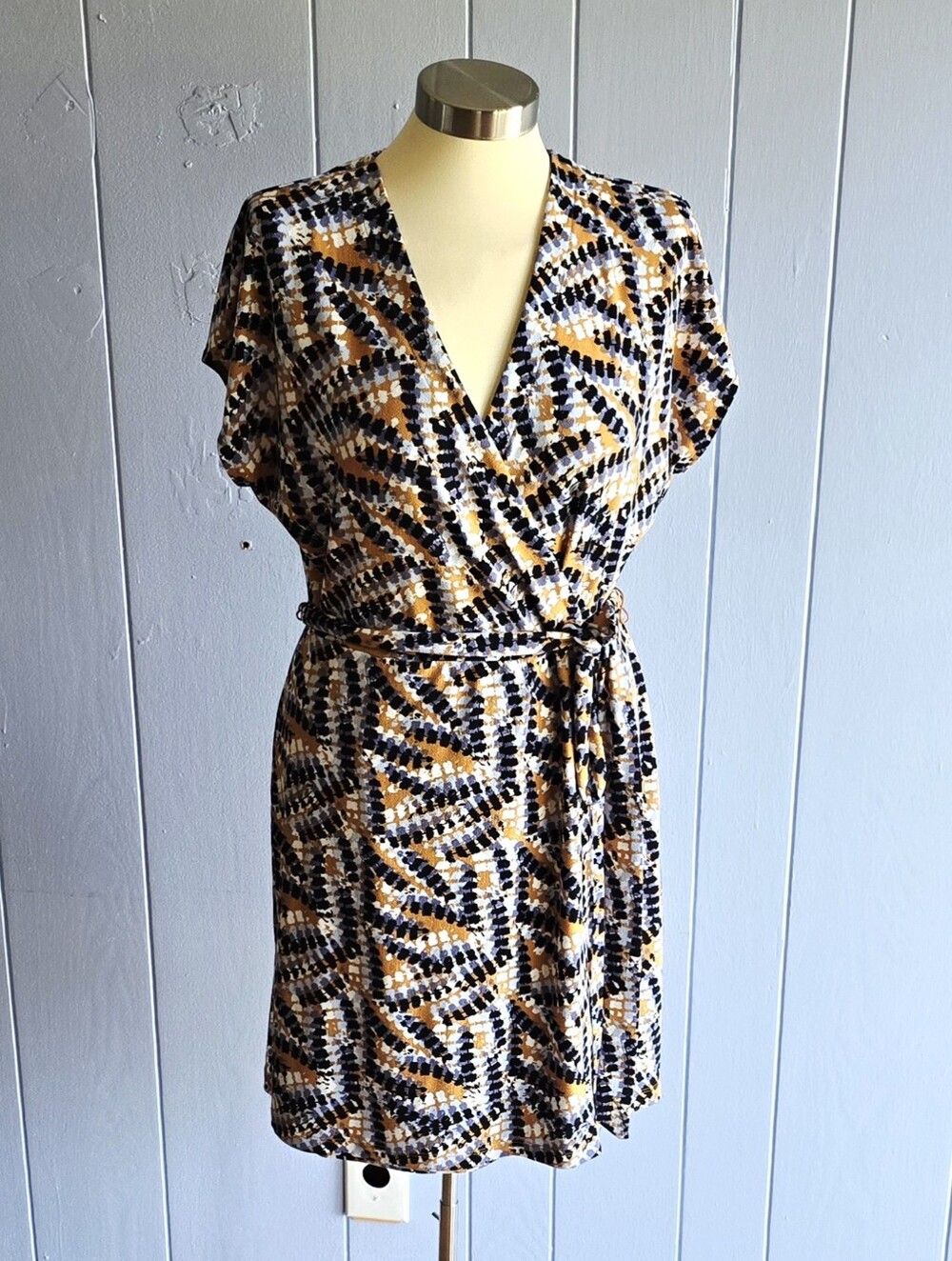 NINE WEST Womens Geonetric Pattern Faux Wrap Dress V-Neck